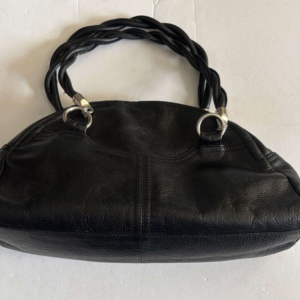 ALFANI BLACK LEATHER SHOULDER BAG DOMED SHAPE BRAIDED HANDLES SILVER ACCENTS